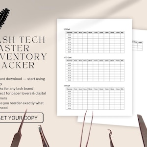 Könnte beinhalten: Ein Wimpern-Techniker-Inventar-Tracker mit einer rosa und schwarzen Mascarabürste und einem weißen Papier mit einem Raster für Wimpernmaße. Der Text lautet "Lash Tech Master Inventory Tracker" und "Get Your Copy".