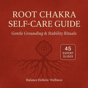 Puede incluir: Un gráfico cuadrado rojo con el texto "ROOT CHAKRA SELF-CARE GUIDE" en blanco. Debajo, se lee "Gentle Grounding & Stability Rituals". Un gráfico de un árbol con raíces y un símbolo está en el centro. El texto "45 EXPERT SLIDES" está en un cuadro blanco.
