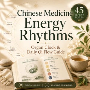 May include: An open book with the title "Chinese Medicine Energy Rhythms" and the subtitle "Organ Clock & Daily Qi Flow Guide." The book displays a Yin/Yang symbol and a daily energy themes chart. A cup of tea and a decorative stone are also visible.