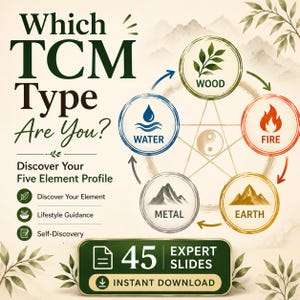 May include: An informational graphic titled Which TCM Type Are You? featuring a five-element diagram with icons for wood, fire, earth, metal, and water. It includes text about discovering a profile and a button for 45 expert slides instant download.