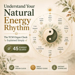 May include: A beige informational graphic titled Understand Your Natural Energy Rhythm The TCM Organ Clock Explained Simply. It features a central yin-yang symbol surrounded by a circular clock diagram listing organs and times, plus 45 expert slides.
