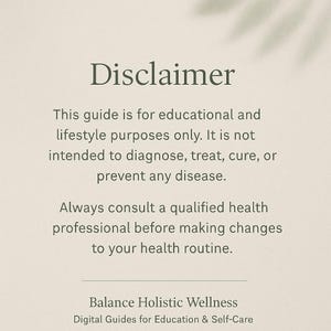 K&ouml;nnte beinhalten: Beigefarbener Hintergrund mit dem Wort "Disclaimer" in dunkler Schrift. Darunter steht, dass der Leitfaden nur f&uuml;r Bildungs- und Lifestyle-Zwecke bestimmt ist und nicht zur Diagnose oder Behandlung von Krankheiten dient. Es wird empfohlen, einen Arzt zu konsultieren.