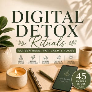 K&ouml;nnte beinhalten: Ein Bild, das digitale Entgiftungsrituale bewirbt. Der Text lautet "DIGITAL DETOX Rituals" und "SCREEN RESET FOR CALM & FOCUS". Das Bild enth&auml;lt eine brennende Kerze, ein Notizbuch, einen Stift, ein Smartphone mit dem Text "Less Screen. More Life." und eine Tasse Tee.