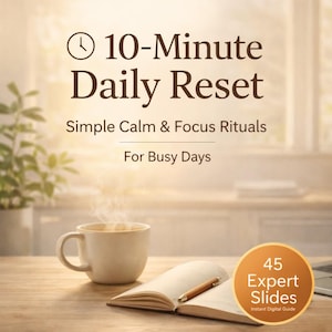 May include: A steaming white mug of coffee sits on a wooden table next to an open notebook and pen. The image features the text "10-Minute Daily Reset" and "Simple Calm & Focus Rituals For Busy Days". A circular graphic reads "45 Expert Slides".