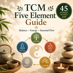 May include: A digital guide titled TCM Five Element Guide with 45 expert slides. The graphic features a circular cycle of five elements: wood, fire, earth, metal, and water, surrounding a yin-yang symbol, with text: Balance, Energy, Seasonal Flow.