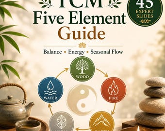 May include: A digital guide titled TCM Five Element Guide with 45 expert slides. The graphic displays a circular cycle of five elements: wood, fire, earth, metal, and water, each with a corresponding icon and a central yin-yang symbol.