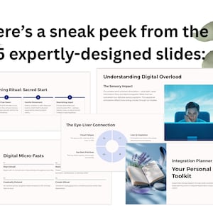 K&ouml;nnte beinhalten: Eine Sammlung von Folien mit Text und Grafiken, darunter "Here's a sneak peek from the 45 expertly-designed slides:" und "Morning Ritual: Sacred Start." Weitere Folien behandeln Themen wie "Digital Micro-Fasts" und "Integration Planner."