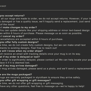 Op de afbeelding: FAQ-pagina van The 0924 Shop. De pagina, op een donkergrijze achtergrond, geeft antwoorden op veelgestelde vragen over retourneren, wijzigingen in bestellingen, annuleringen, aangepaste ontwerpen, verzending en beschadigde artikelen.