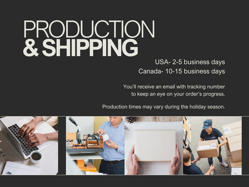 Op de afbeelding: Afbeelding met de tekst "PRODUCTION & SHIPPING" op een donkere achtergrond. Hieronder staan afbeeldingen van mensen die op een laptop werken, printen, verpakken en dozen bezorgen. De tekst bevat ook informatie over de orderverwerking.
