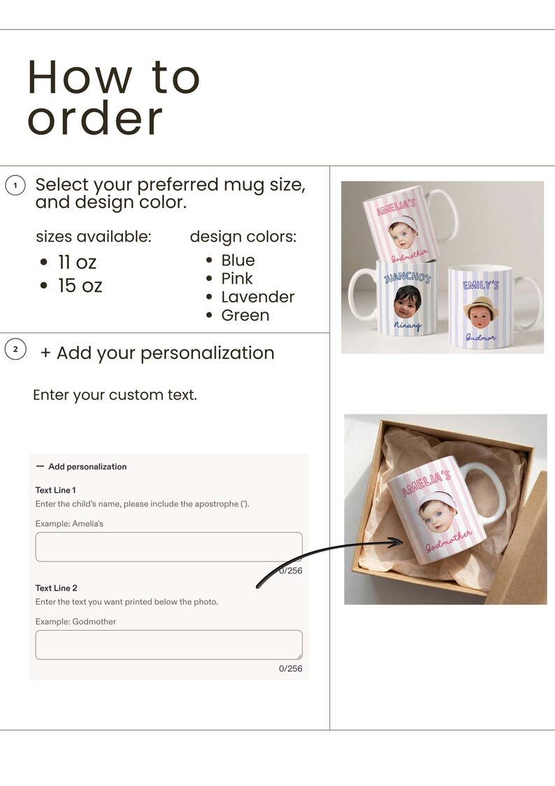 Puede incluir: Un gr&aacute;fico de instrucciones titulado How to order, que detalla los pasos para pedir tazas personalizadas. Enumera tama&ntilde;os de 11 oz y 15 oz, colores azul, rosa, lavanda y verde, y muestra tres tazas con fotos de beb&eacute;s y texto, adem&aacute;s de una caja.