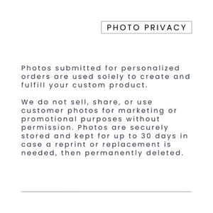 以下が含まれることがあります： PHOTO PRIVACYというタイトルの黒い文字が書かれた白い案内板。パーソナライズされた注文用の写真は製品作成のみに使用され、販売や共有はされず、30日間安全に保管された後に削除される旨が記載されています。