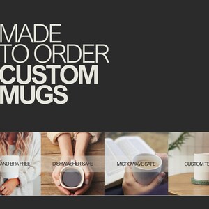 Pu&ograve; includere: Immagine che promuove tazze personalizzate, con il testo "MADE TO ORDER CUSTOM MUGS". L'immagine mostra tazze con caratteristiche come senza piombo e senza BPA, lavabili in lavastoviglie e microonde e testo personalizzabile.