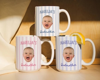 Godmother Gift Custom Photo Striped Mug, Cute Godparent Appreciation Gift, Personalized Godmother Proposal Mug with Name