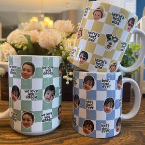 May include: Three ceramic mugs featuring checkered patterns in sage green, yellow, and light blue. Each mug displays repeating circular portraits of children and a dog, accompanied by the printed text "we love you daddy," "world's best dad," or "best dad ever."