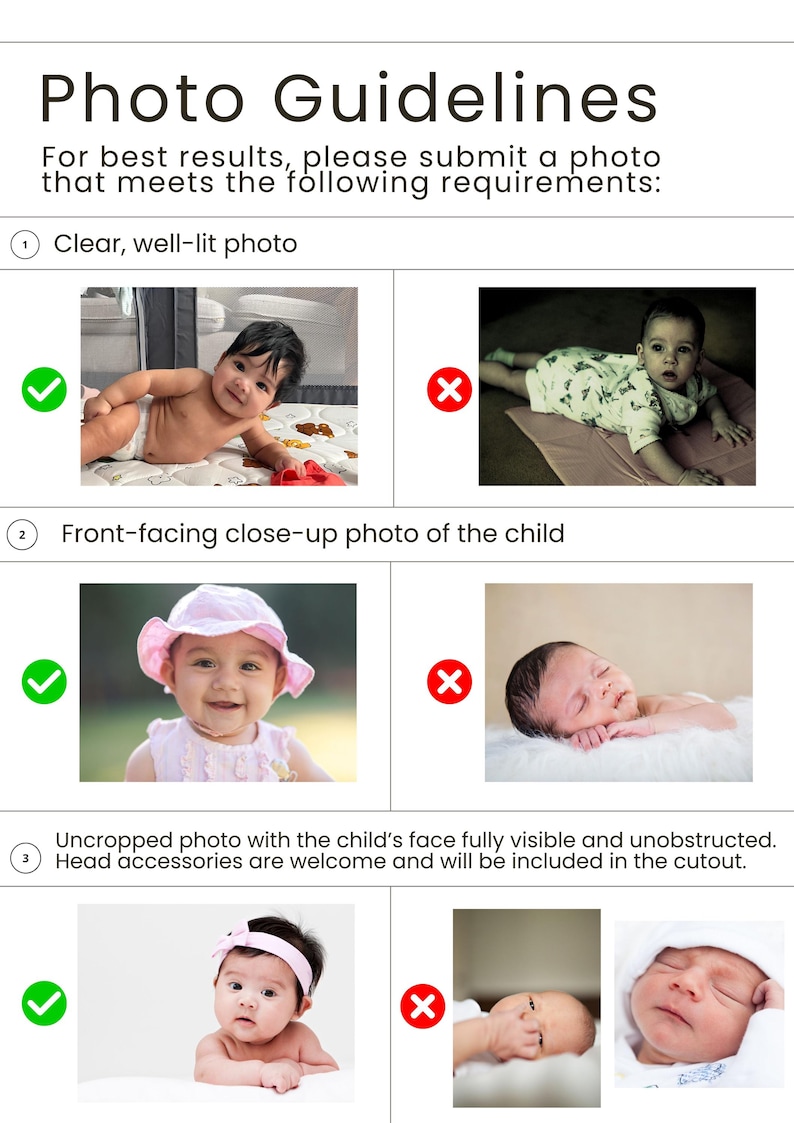 Puede incluir: Un gr&aacute;fico informativo titulado Photo Guidelines con instrucciones para enviar im&aacute;genes. Incluye tres secciones numeradas con texto y pares de fotos de ejemplo que muestran las formas correctas e incorrectas de fotografiar a un ni&ntilde;o.