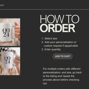 Pu&ograve; includere: Tazze in ceramica bianca con il numero "0924" stampato in nero. L'immagine include anche le istruzioni su come ordinare, tra cui la selezione di una taglia, l'aggiunta di personalizzazione e l'inserimento di una quantit&agrave;. Il testo "ADD TO CART" &egrave; visibile.