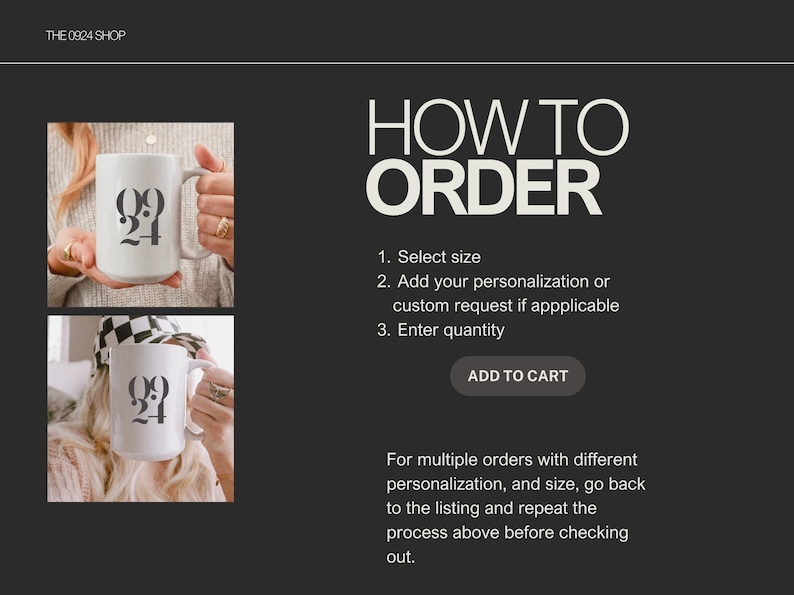 Pu&ograve; includere: Tazze in ceramica bianca con il numero "0924" stampato in nero. L'immagine include anche le istruzioni su come ordinare, tra cui la selezione di una taglia, l'aggiunta di personalizzazione e l'inserimento di una quantit&agrave;. Il testo "ADD TO CART" &egrave; visibile.