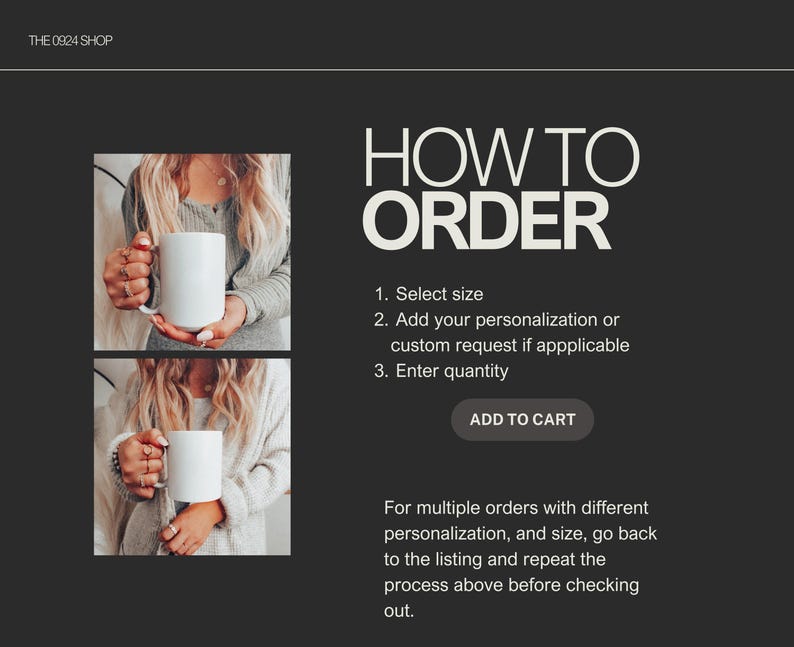 May include: How to order instructions for a shop selling personalized mugs. The instructions include selecting a size, adding personalization, entering a quantity, and adding to cart.