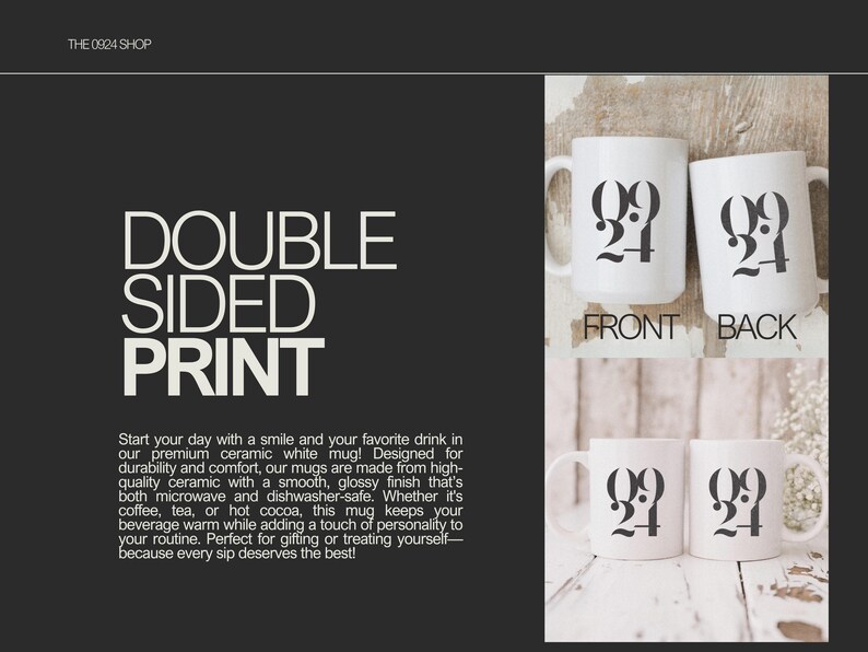 Op de afbeelding: Witte keramische mokken met een glanzende afwerking, met de nummers "09 24" in zwart aan beide zijden bedrukt. De afbeelding toont de voor- en achterkant van de mok, samen met de tekst "DOUBLE SIDED PRINT".