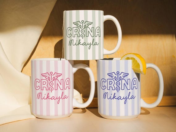 Nurse Anesthetist Gift Personalized Striped Mug, New Grad CRNA Keepsake Present, New Job as CRNA Gift