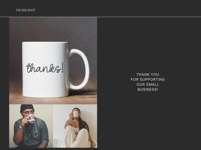 Pu&ograve; includere: Tazza in ceramica bianca con manico curvo, con la scritta "thanks!" in stile scritto a mano. La tazza &egrave; su una superficie di legno. L'immagine include anche due persone che tengono tazze e il testo: "THANK YOU FOR SUPPORTING OUR SMALL BUSINESS!"