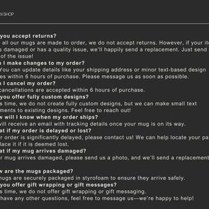 Pu&ograve; includere: Una pagina FAQ di The 0924 Shop, visualizzata su sfondo grigio scuro. Il testo risponde a domande su resi, modifiche agli ordini, cancellazioni, design personalizzati, spedizione e articoli danneggiati.