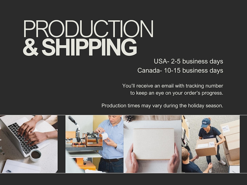 Pu&ograve; includere: Immagine con il testo "PRODUCTION & SHIPPING" su sfondo scuro. Il testo &egrave; bianco. Sotto il testo ci sono immagini di persone che lavorano su un laptop, usano macchinari, confezionano un prodotto e consegnano scatole.