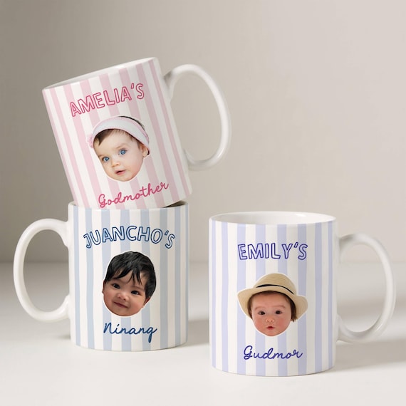 Godmother Gift Custom Photo Striped Mug, Cute Godparent Appreciation Gift, Personalized Godmother Proposal Mug with Name