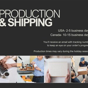 May include: Production and shipping information for an online store. The text states that orders ship within 2-5 business days to the USA and 10-15 business days to Canada. An email with a tracking number will be sent to keep customers updated on their order's progress. Production times may vary during the holiday season.