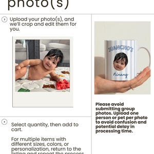 Puede incluir: Una taza de cer&aacute;mica blanca con un patr&oacute;n de rayas verticales en azul claro y blanco. La taza est&aacute; personalizada con una fotograf&iacute;a circular de un beb&eacute;, el texto 'JUANCHO'S' en azul y el nombre 'Ninang' en una fuente cursiva azul.