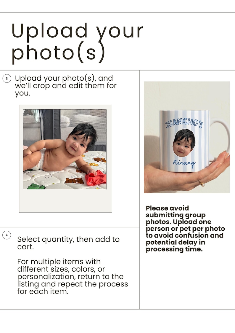 Puede incluir: Una taza de cer&aacute;mica blanca con un patr&oacute;n de rayas verticales en azul claro y blanco. La taza est&aacute; personalizada con una fotograf&iacute;a circular de un beb&eacute;, el texto 'JUANCHO'S' en azul y el nombre 'Ninang' en una fuente cursiva azul.