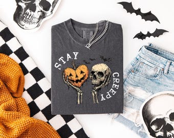 Stay Creepy Comfort Colors Shirt: Skeleton Skull Pumpkin Halloween Tee