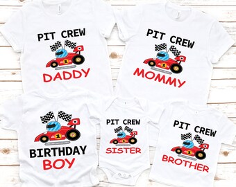May include: White t-shirts with a red race car graphic and the text "Pit Crew" on each shirt. The shirts also have the text "Daddy", "Mommy", "Birthday Boy", "Sister", and "Brother" on them.