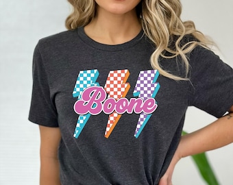 Retro Boone Shirt: 80s College Style with Lightning Bolt and Checkered Look