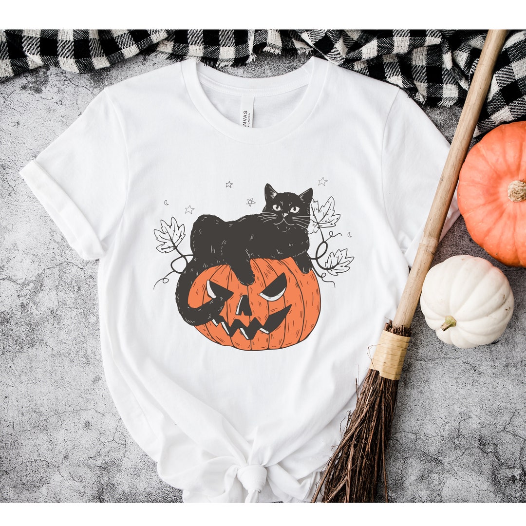 Black Cat on Pumpkin Halloween T Shirt, Comfort Colors Black Cat Shirt ...