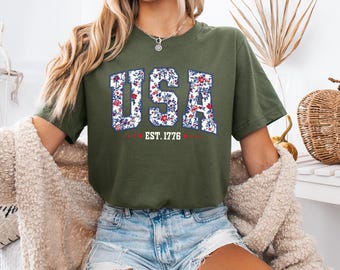 Floral USA Shirt: Patriotic 4th of July Women's Tee