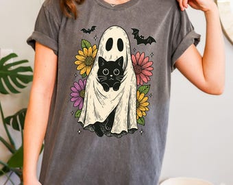 Comfort Colors Retro Halloween Shirt: Ghost Cat Floral Tee