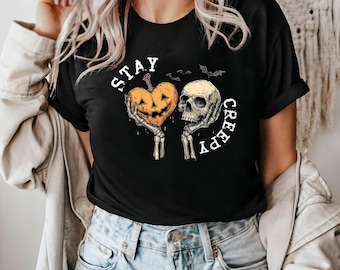 Stay Creepy Shirt: Skeleton Pumpkin Skull Retro Halloween Tee