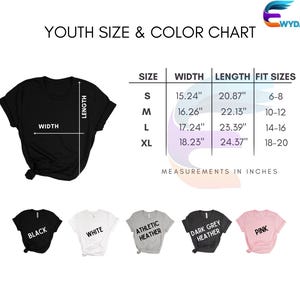 youth size and color chart for a t - shirt