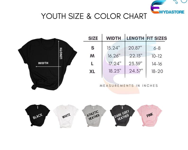 youth size and color chart for a t - shirt