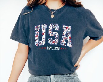 Floral USA Comfort Colors Shirt: Patriotic 4th of July Tee