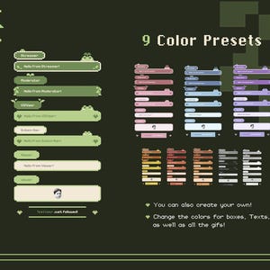 Puede incluir: Una colección digital de superposiciones de cuadros de chat en pixel art para streaming, con etiquetas como Streamer, Moderator y Subscriber. El conjunto incluye 9 preajustes de color en tonos verde, rosa, azul, morado, naranja y gris, con texto y elementos animados personalizables.