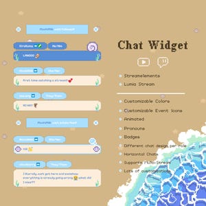 May include: A pixel art chat widget interface featuring a tan background with ocean wave graphics. The layout displays various chat message bubbles with usernames, pronouns, and text, alongside a list of features including customizable colors, animated elements, and multi-stream support for platforms like YouTube and Twitch.