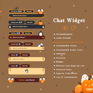 May include: A pixel art chat widget overlay for streaming featuring Halloween-themed elements like pumpkins and ghosts. It includes various user role labels, pronoun tags, and message boxes in shades of brown, orange, and cream with text.