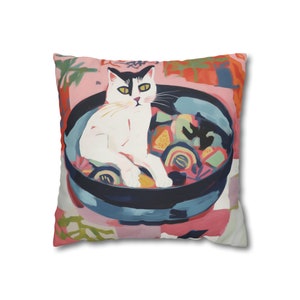 White Cat in a Ramen Bowl Paiting Decorative Pillow Case | Botanical Whimsical Forestcore, Cottagecore, Henri Matisse Inspired Home Decor