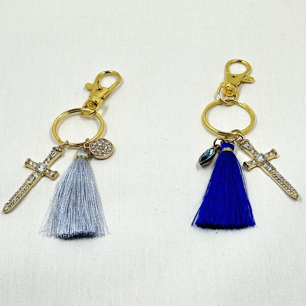 Gold Cross with Blue or Silver Tassel Keychain