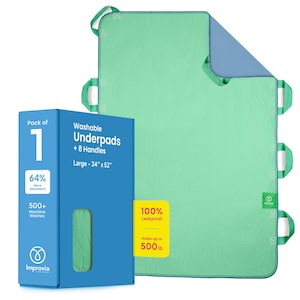 May include: A large, green washable underpad with 8 handles, measuring 34" x 52", and a blue underside. The packaging indicates it's 100% leakproof and holds up to 500 lbs. The box also states it's more absorbent and can be machine washed over 500 times.