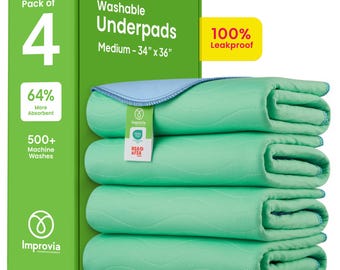 4 Pack - IMPROVIA Washable Underpads 34" x 36" - Heavy Absorbency Reusable Bedwetting Incontinence Pads for Kids, Adults, Elderly, and Pets