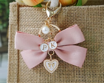Cute Pink Bow Pearl Keychain Charm,Custom Letter Keyring,Custom Keychain AirPods Case Keyring Charm Accessory,Bow charm,Custom Bag Pendant
