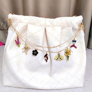 Personalized Charm Bag Chain, Thin Chain Bag Charm, Unique Bag Pendant, Gold Bag Decorations, Butterflies and Flowers Handbag Accessory